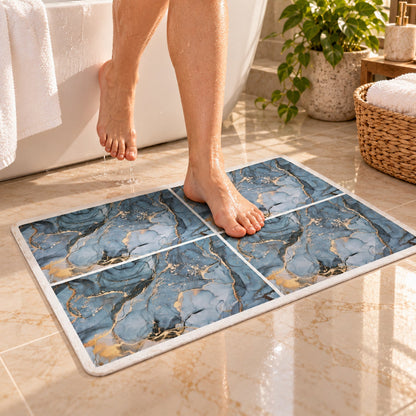 Blue marble print absorbent bathroom mat by Wukusy, quick-drying, 59.5x39.5 cm, features a stylish, soft, and plush surface.