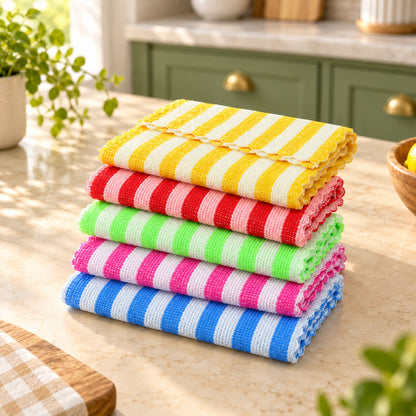 Set of five Wukusy striped microfiber kitchen cleaning cloths, 28x28 cm, ideal for household cleaning and kitchen use.