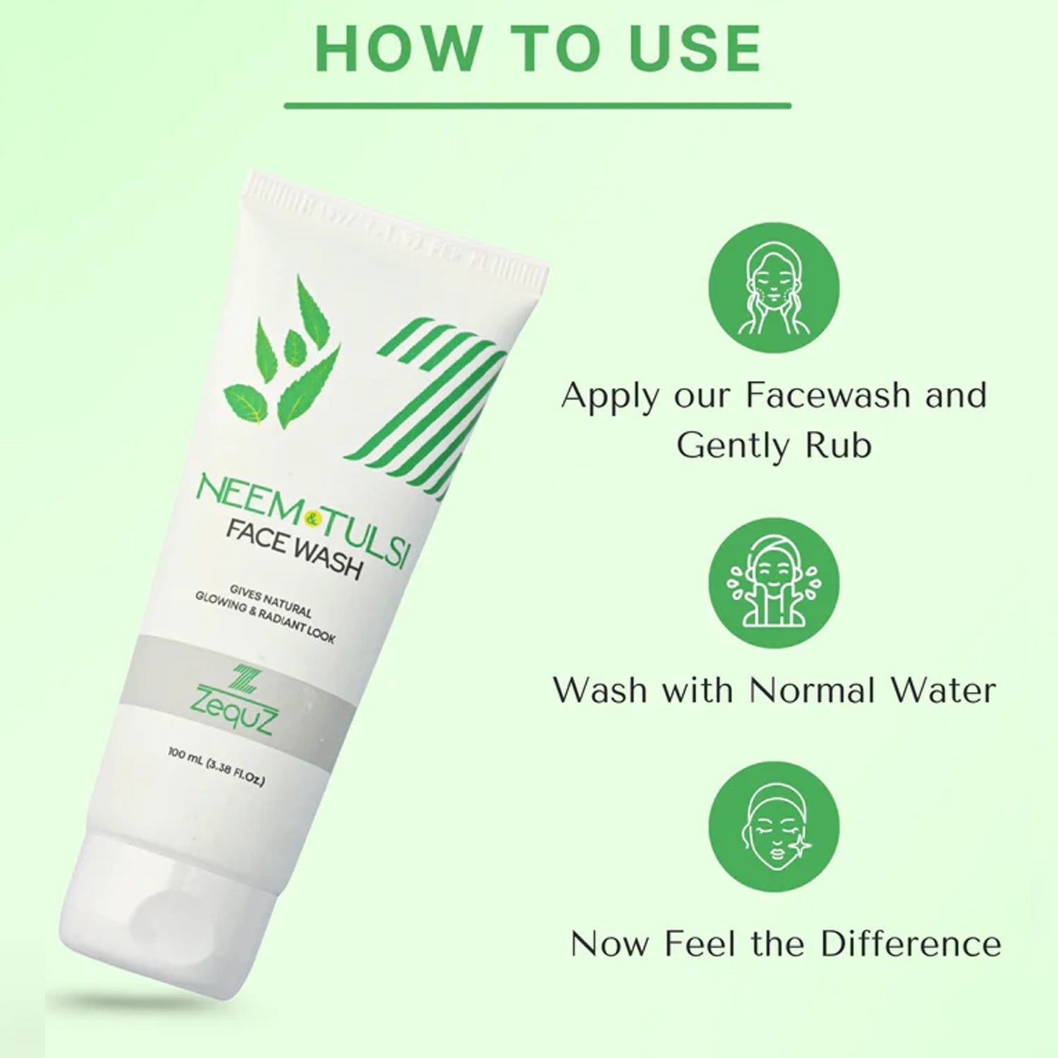 Wukusy Zequz Neem Tulsi Face Wash bottle, 100ml, for healthy skin, featuring natural ingredients like neem and tulsi.