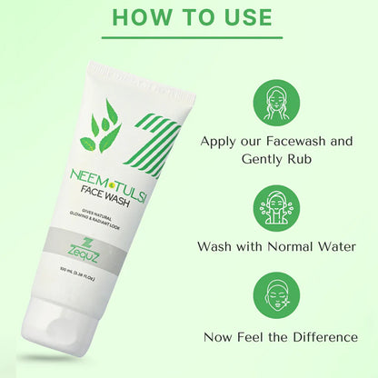 Wukusy Zequz Neem Tulsi Face Wash bottle, 100ml, for healthy skin, featuring natural ingredients like neem and tulsi.