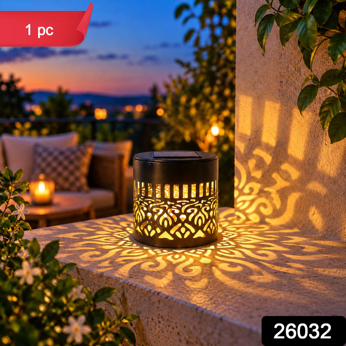 Decorative solar LED lamp with mandala pattern by Wukusy, ideal for patio and garden lighting, shows intricate design and glowing light