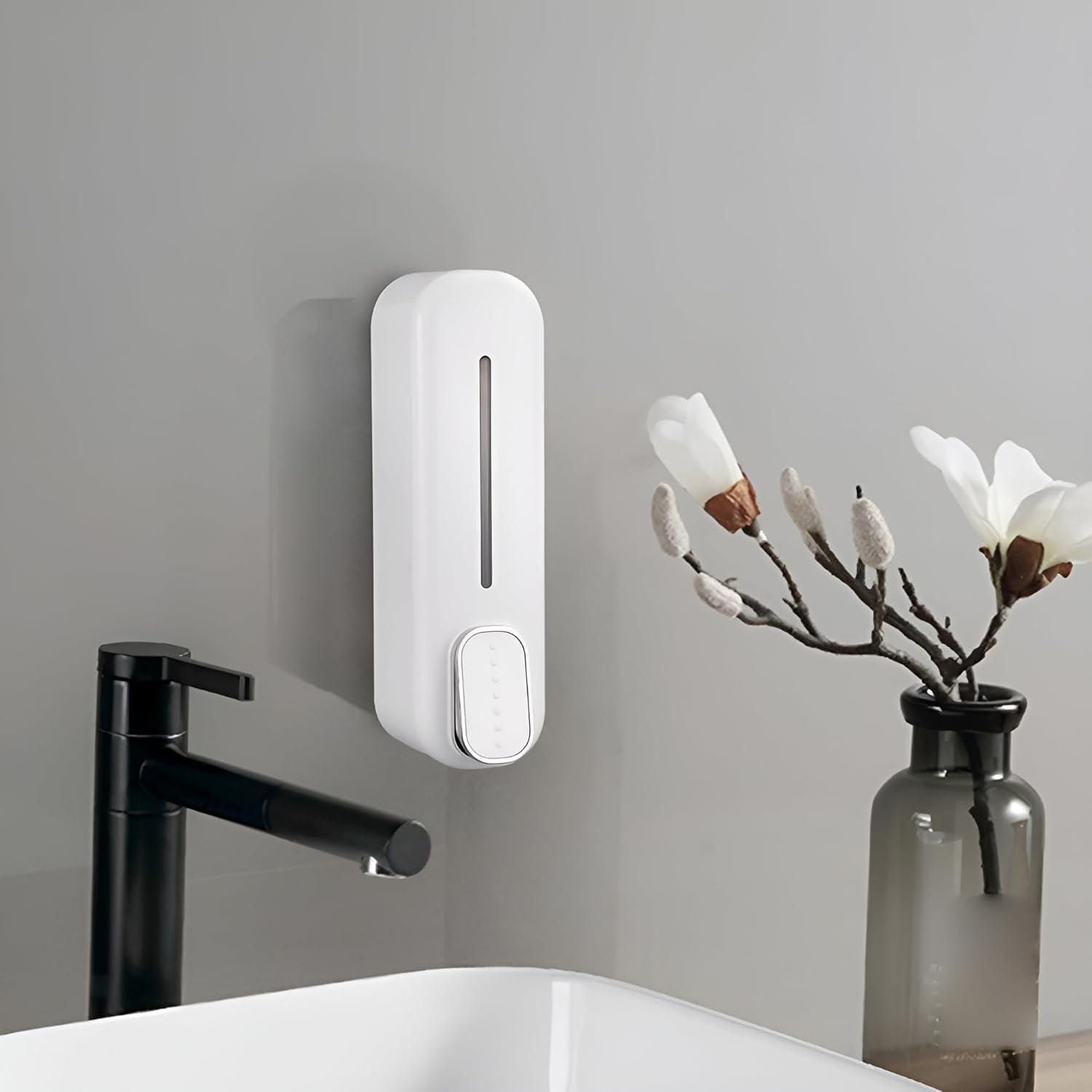 Wall-mounted manual soap dispenser by Drpshippr, sleek design for easy bathroom or kitchen use in home decor and lighting settings.
