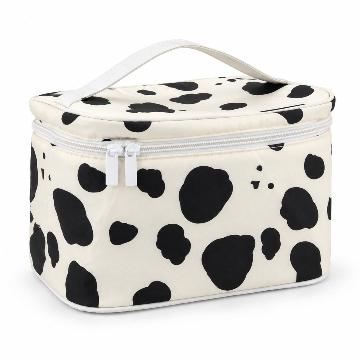Wukusy spotted makeup zipper pouch with carry handle, 24x15 cm, ideal for travel organization and cosmetic storage.