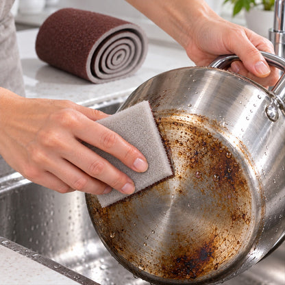 Wukusy abrasive sponge cleaning roll for kitchen pots and pans, 9x100 cm, used for scrubbing and removing tough stains.