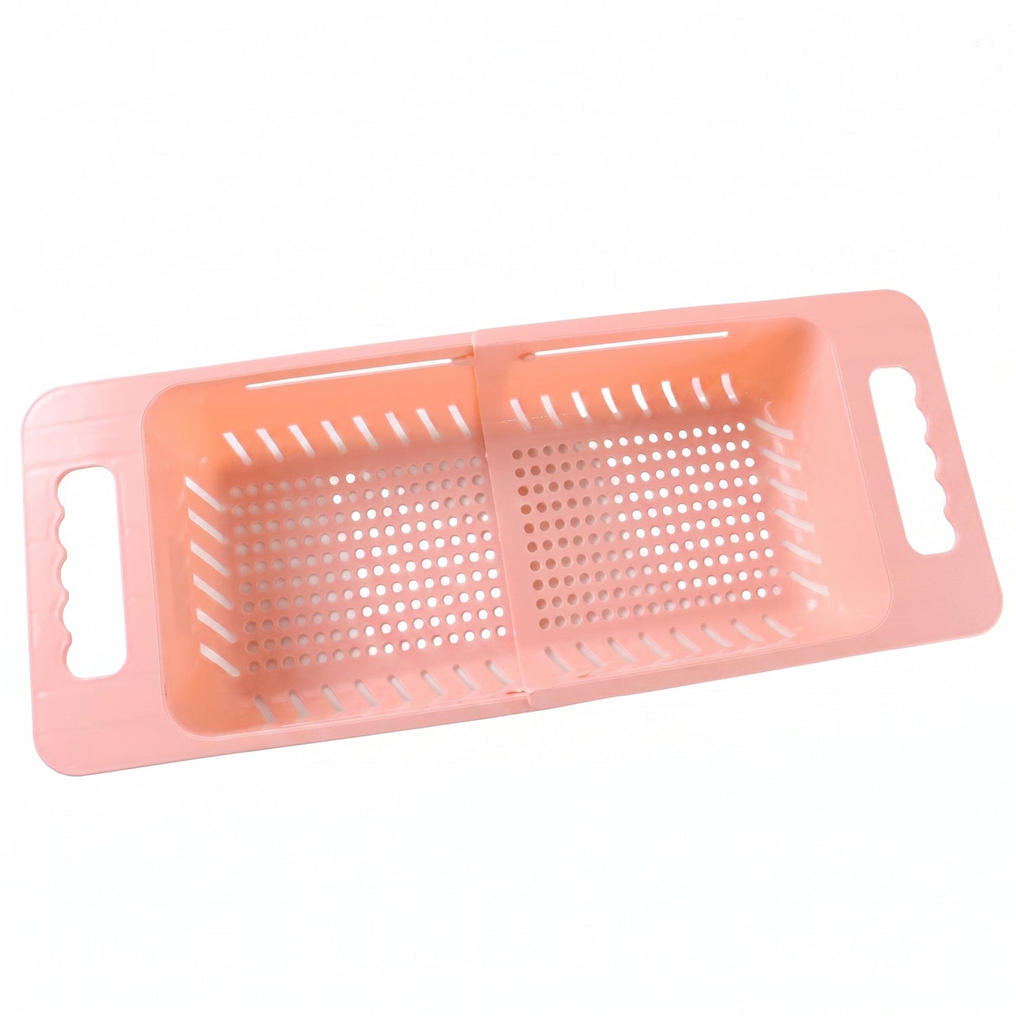 Wukusy adjustable plastic over-the-sink drain basket colander with handles for draining fruits, vegetables, and pasta.