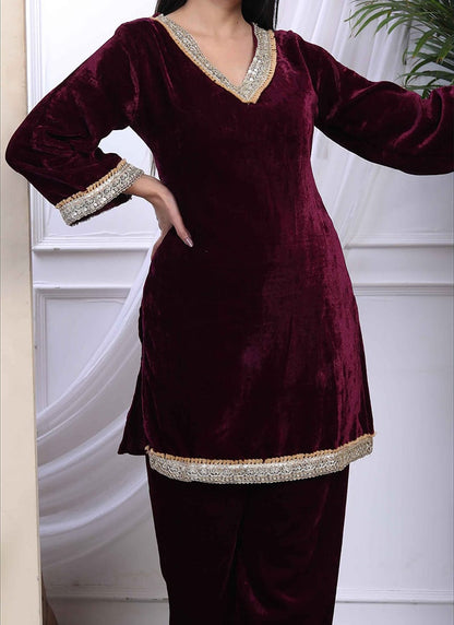 Wine Velvet Embroidered Indowestern Co ord Set Festive Wear