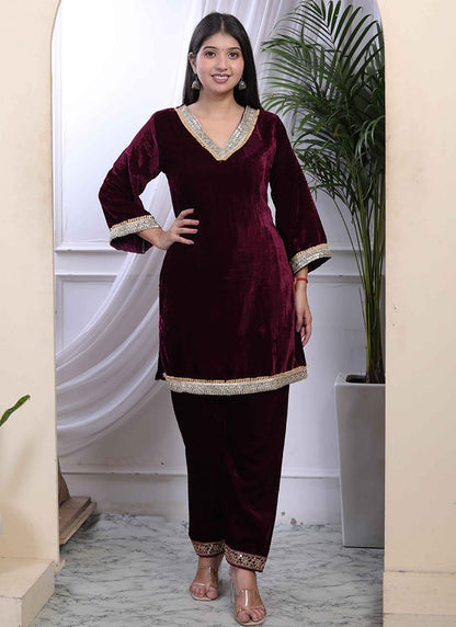 Wine Velvet Embroidered Indowestern Co ord Set Festive Wear