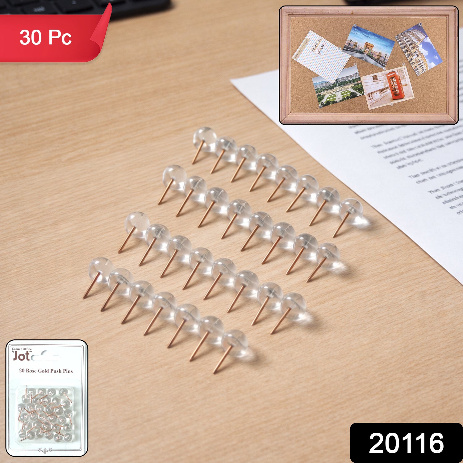 Set of 30 clear crystal head push pins for notice boards, featuring transparent design by Wukusy.