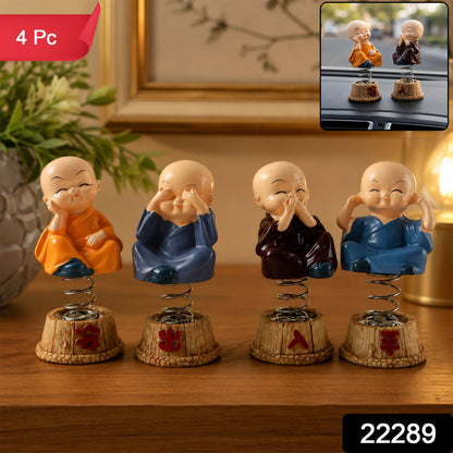 Baby Monk Buddha Bobblehead Figurine Set For Car Dashboard And Home Decor (4 Pc)