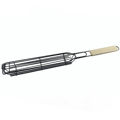 Metal Barbecue Grill Basket With Wooden Handle For Outdoor Bbq Cooking (1 Piece)