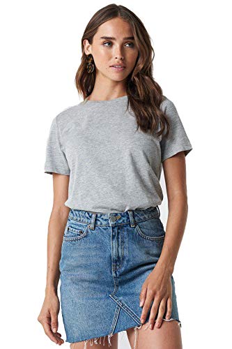 Plain grey cotton women's T-shirt by Seasons, soft and comfortable, shown laid flat with short sleeves and round neckline.