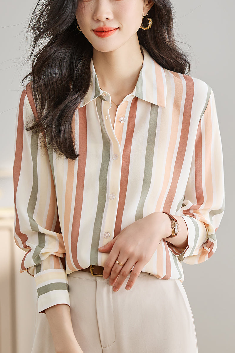 Woman wearing a regular fit printed casual button-up shirt from Drpshippr's men's collection.