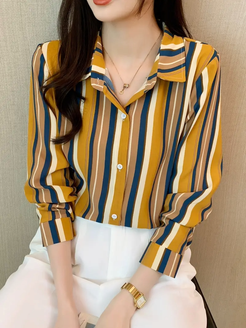 Woman wearing a striped print cotton silk long sleeve collar neck tunic shirt from Drpshippr's men's collection.