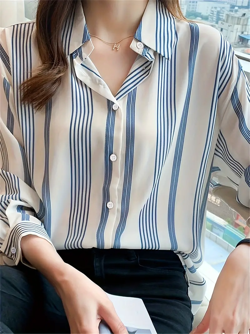 Women wearing a regular fit striped casual shirt with a curved collar from Drpshippr's collection.