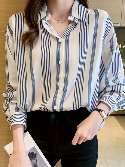 Women wearing a regular fit striped casual shirt with a curved collar from Drpshippr's collection, suitable for everyday wear.