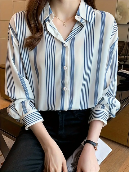 Woman wearing a regular fit striped casual shirt with a curved collar from Drpshippr's men's collection.