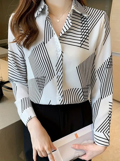 Woman wearing a printed cotton silk long sleeve collar neck tunic shirt from Drpshippr's men's collection.