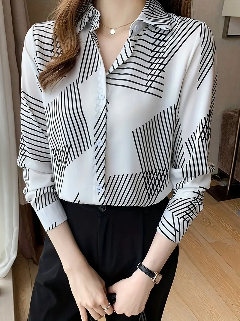 Woman wearing a printed cotton silk long sleeve collar neck tunic shirt from Drpshippr's men's collection