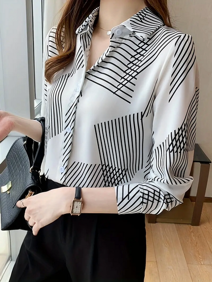Woman wearing a printed cotton silk long sleeve collar neck tunic shirt from Drpshippr's men's collection.