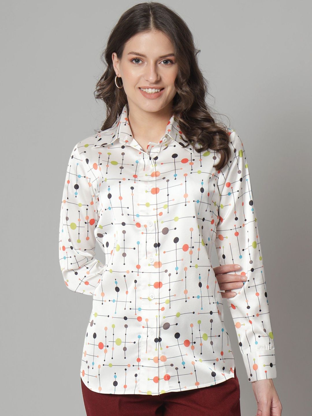 Women wearing a printed regular fit shirt with full sleeves from Drpshippr's men's collection, showcasing stylish casual wear.