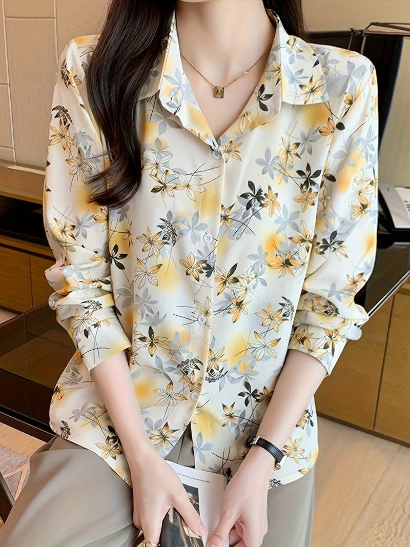Relaxed fit printed formal shirt for women from Drpshippr's men's collection, shown on a model in a stylish office setting.