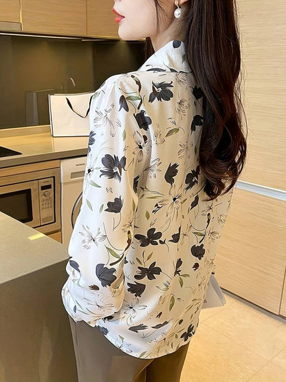 Woman wearing a relaxed fit printed casual button-down collar shirt from Drpshippr's men's collection.