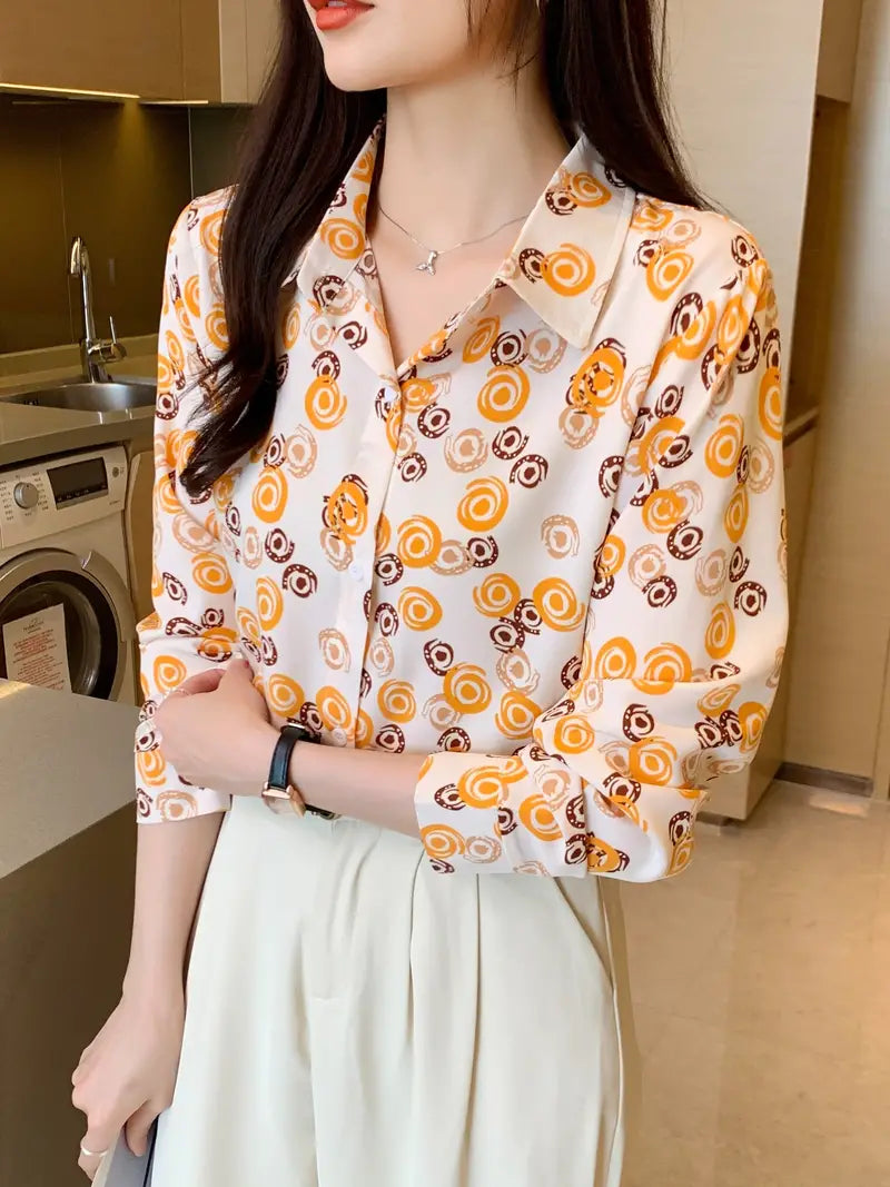 Woman wearing a relaxed fit printed formal shirt from Drpshippr's men's collection, featuring a stylish casual design.