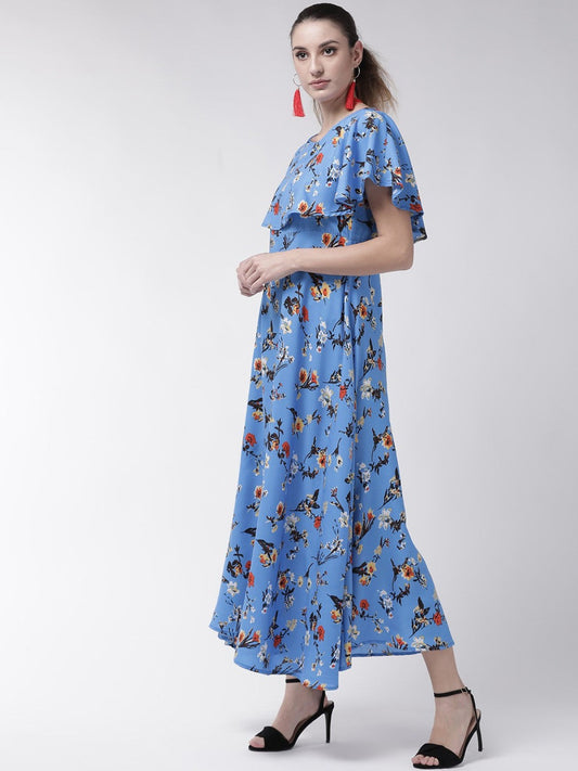 Women’s blue cape sleeve maxi dress from Drpshippr’s Women’s Collection, featuring flowing fabric and elegant cape-style sleeves.