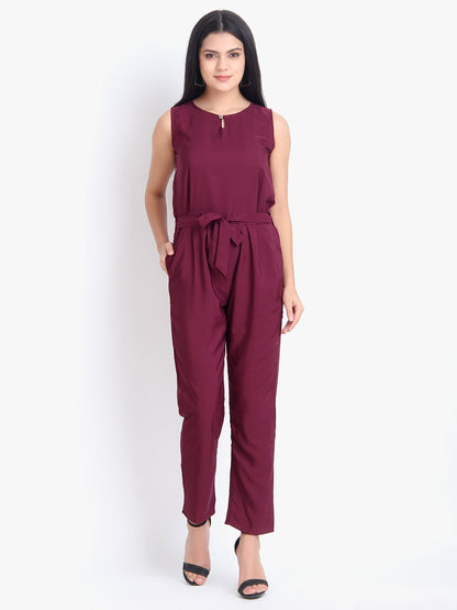 Women casual solid maroon sleeveless crepe jumpsuit from Drpshippr, full-length, stylish and comfortable for everyday wear.