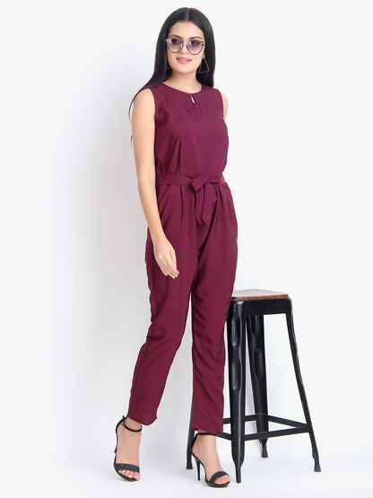 Women Casual Solid Maroon Sleeveless Full Length Crepe Jumpsuit