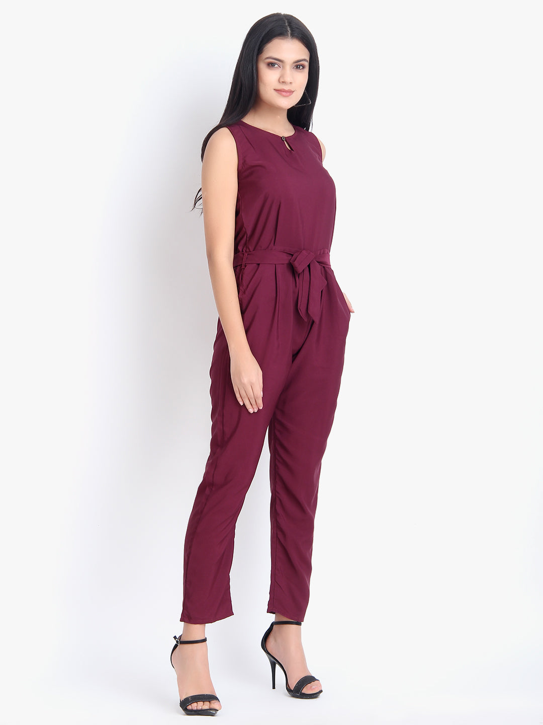 Women wearing a maroon sleeveless full-length crepe jumpsuit from Drpshippr's casual collection, stylish and comfortable for everyday wear.