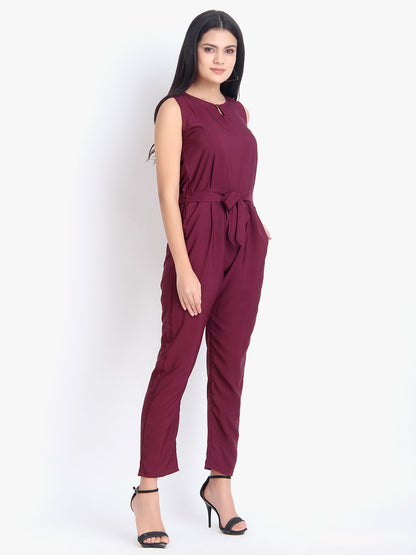Women Casual Solid Maroon Sleeveless Full Length Crepe Jumpsuit