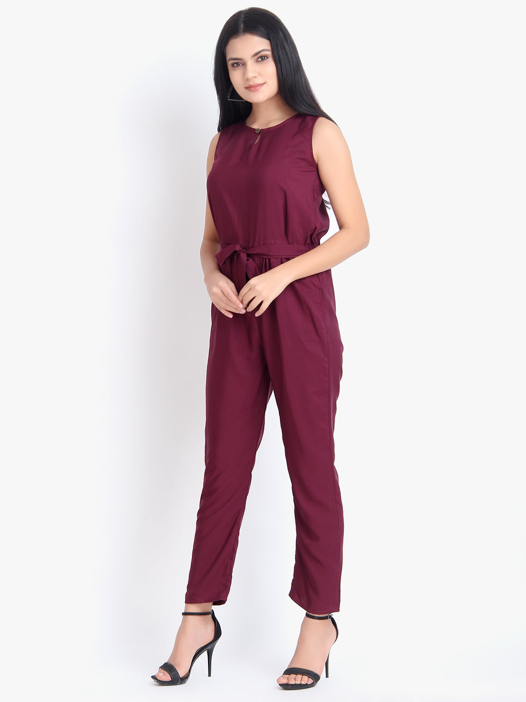 Women wearing a maroon sleeveless crepe jumpsuit from Drpshippr's casual collection, full-length, stylish and comfortable.