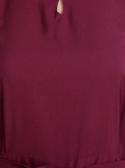 Women wearing a maroon sleeveless full-length crepe jumpsuit from Drpshippr's casual collection.