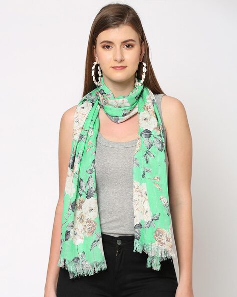 Women’s green and cream-colored floral sequins printed scarf from Dropdash, showcasing vibrant floral patterns and shimmering sequins.
