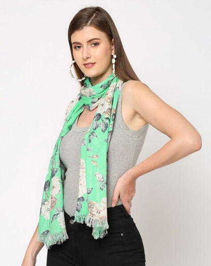 Women’s green and cream floral printed scarf with sequins, by Dropdash, featuring a stylish and colorful accessory design.