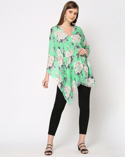 Women’s green and cream sequins floral printed scarf from Dropdash, showcasing vibrant colors and intricate floral design.