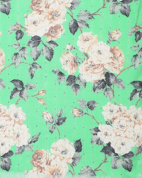 Women’s green and cream-colored sequins floral printed scarf by Dropdash, featuring vibrant floral design and shimmering details.