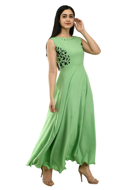 Woman wearing a solid green maxi dress from Drpshippr's women's collection, flowing and elegant for summer occasions.