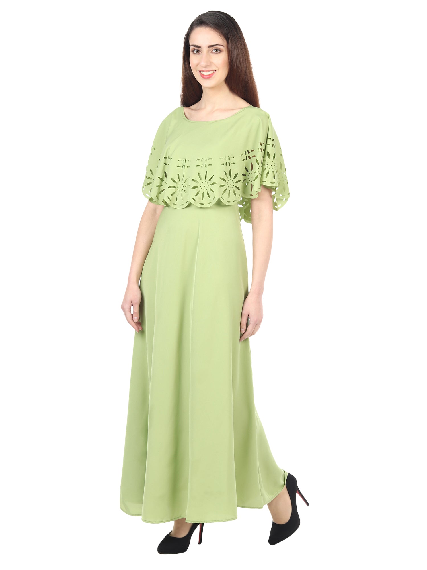 Light green women's maxi dress from Drpshippr's solid collection, flowing fabric and elegant design for casual or dressy occasions.