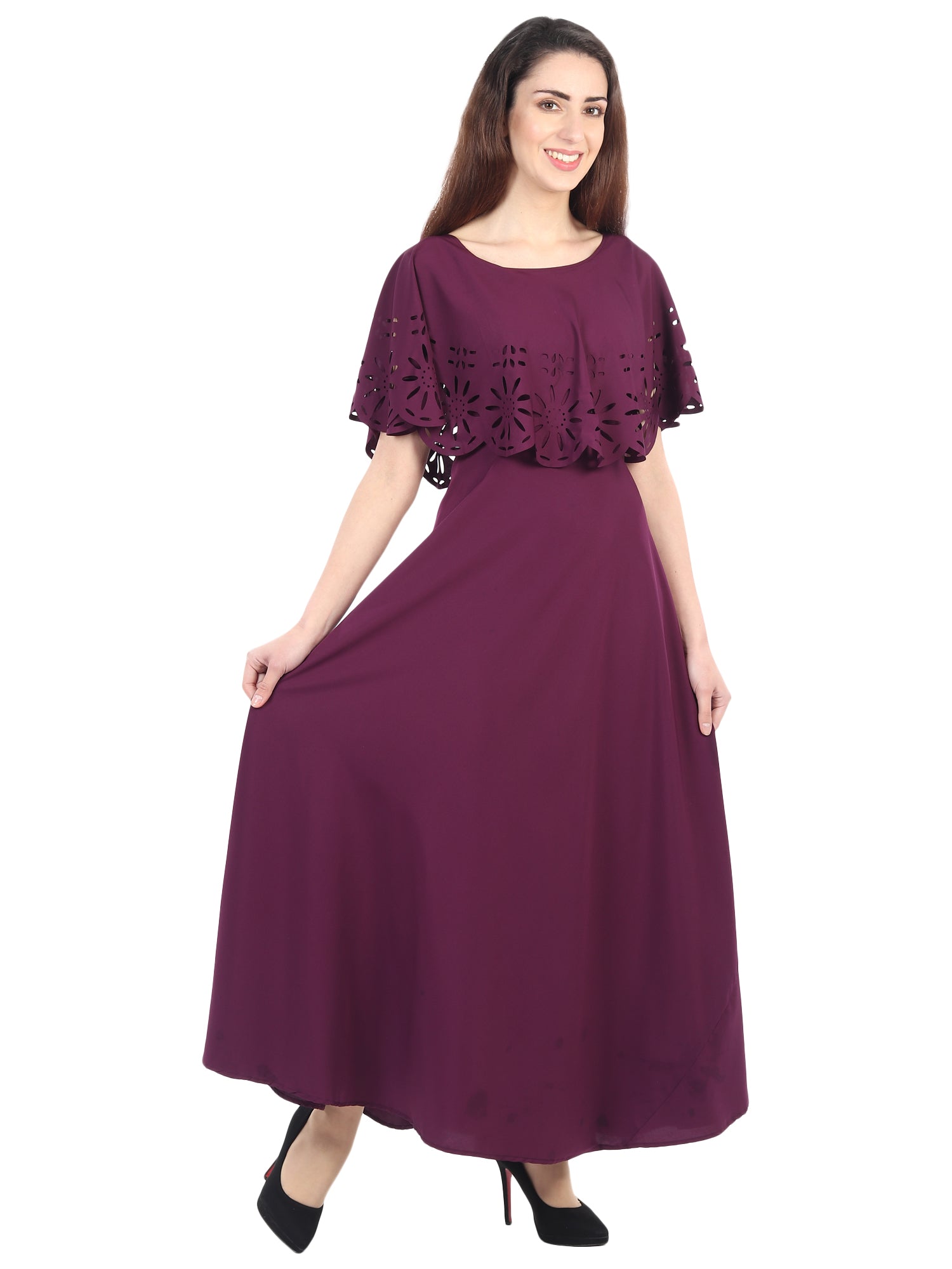 Women’s solid maroon maxi dress from Drpshippr’s Women’s Collection, flowing fabric and sleeveless design.