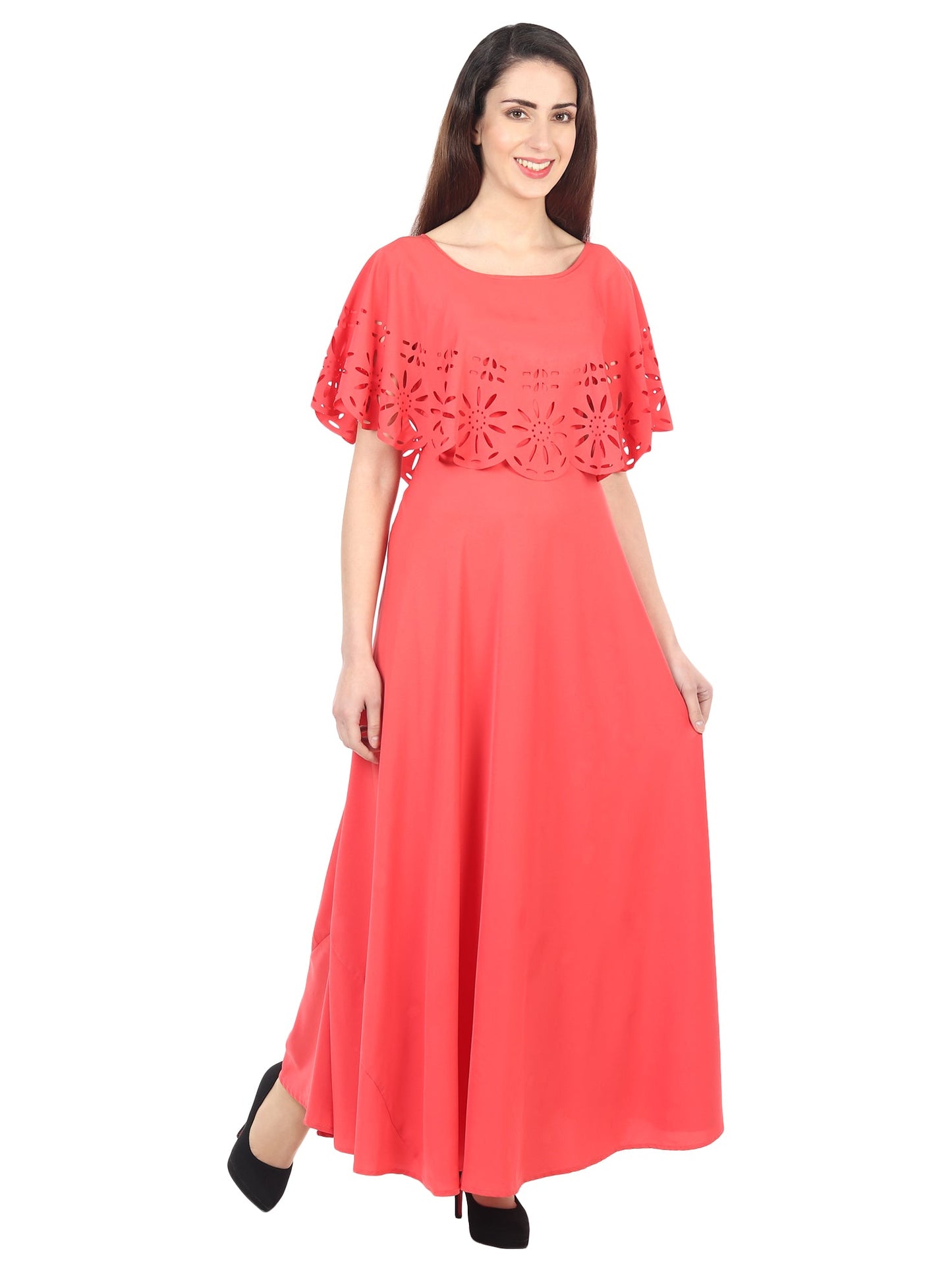 Women’s solid red maxi dress from Drpshippr's women's collection, featuring flowing fabric and elegant sleeveless design.