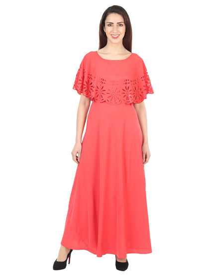 Women’s solid red maxi dress from Drpshippr’s women's collection, flowing fabric, sleeveless design, and elegant style.