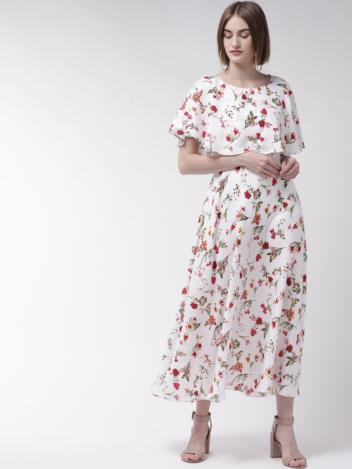 Women’s white maxi dress with cape sleeves from Drpshippr's Women’s Collection, featuring flowing fabric and elegant design.