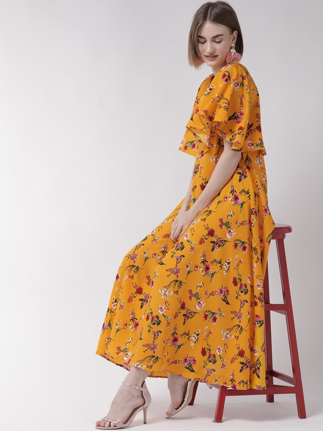 Women’s yellow maxi dress with cape sleeves from Drpshippr, flowing design, perfect for elegant summer or evening wear.