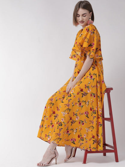 Women’s yellow maxi dress with cape sleeves from Drpshippr, flowing design, perfect for elegant summer or evening wear.
