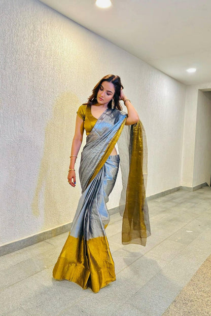 Elegant women's linen saree with intricate sequin work from Drpshippr, showcasing detailed craftsmanship and stylish design.