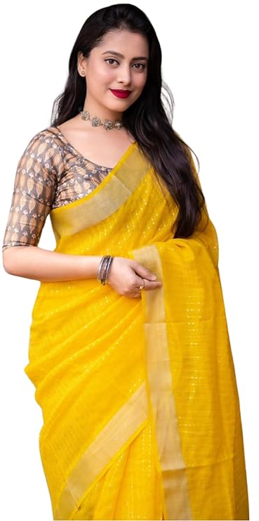 Women's Beautiful Sequin Work Linen Saree