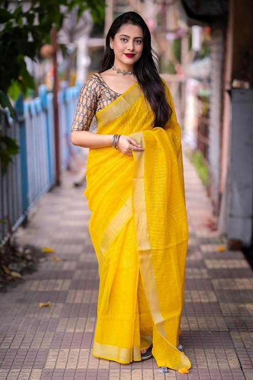 Women's Beautiful Sequin Work Linen Saree
