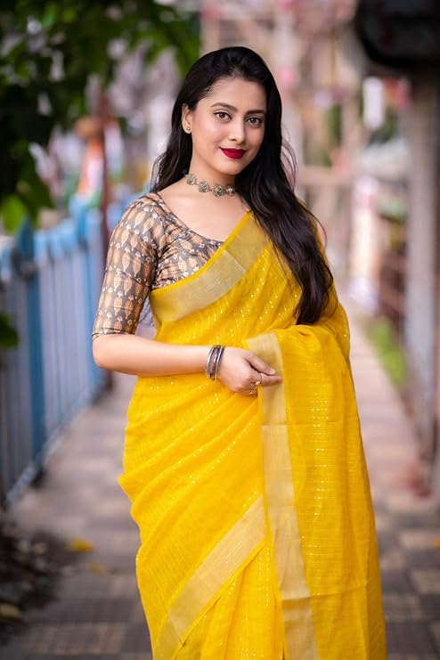 Women's beautiful linen saree with intricate sequin work, part of Drpshippr's women's collection, showcasing elegant traditional style.